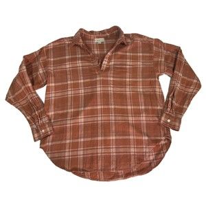 LOFT Shirt Size Small Womens Orange Plaid Flannel Popover Top Blouse V Neck